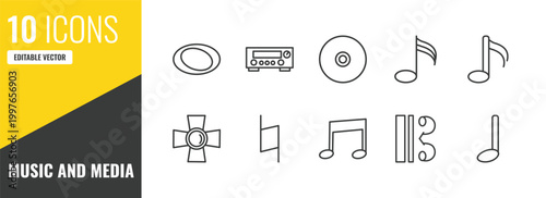 music and media outline icon set. 10 linear vector for ui, web and mobile. thin line whole, amplifier, dvd disc icons.