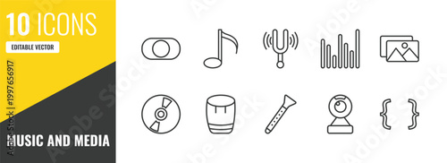 music and media outline icon set. 10 linear vector for ui, web and mobile. thin line rec, semiquaver, diapason icons.