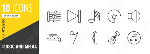music and media outline icon set. 10 linear vector for ui, web and mobile. thin line stave, skip, hemidemisemiquaver icons.
