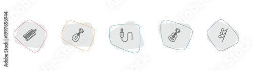 music and media outline icon set. linear vector for ui, web and mobile. thin line melodica, mandolin, jack connector icons.