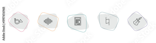 music outline icon set. linear vector for ui, web and mobile. thin line french horn, acoustic, newspaper report icons.