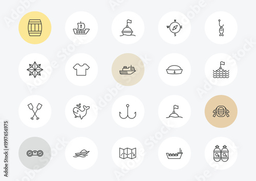 nautical outline icon set. linear vector for ui, web and mobile. thin line big barrel, wind rose, paddles icons.