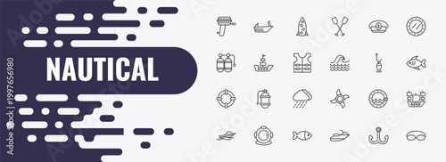 nautical outline icon set. linear vector for ui, web and mobile. thin line roofless speed boat, one suroard, captain hat icons.