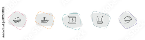 nautical outline icon set. linear vector for ui, web and mobile. thin line trireme, pirate ship, sea package icons.