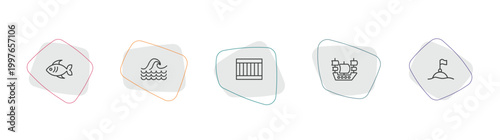 nautical outline icon set. linear vector for ui, web and mobile. thin line fish, sea, big crate icons.