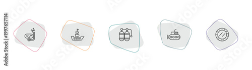 nautical outline icon set. linear vector for ui, web and mobile. thin line snorkel, frigate, double air tank icons.