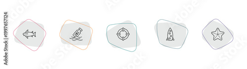nautical outline icon set. linear vector for ui, web and mobile. thin line shark, message in a bottle, life preserver icons.