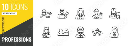 professions outline icon set. 10 linear vector for ui, web and mobile. thin line dyer, painter, lawyer icons.