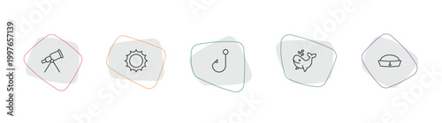nautical outline icon set. linear vector for ui, web and mobile. thin line boat telescope, sun shining, bait icons.