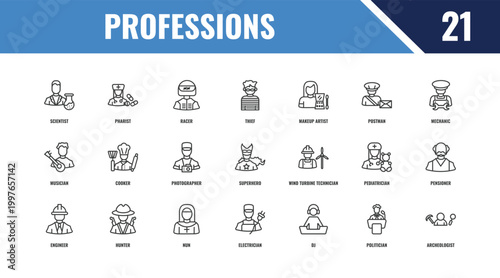 professions outline icon set. linear vector for ui, web and mobile. thin line pharist, mechanic, wind turbine technician icons.