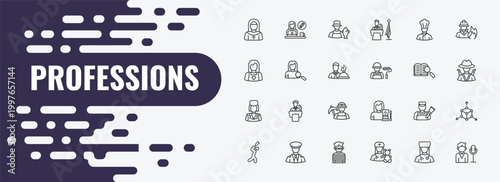 professions outline icon set. linear vector for ui, web and mobile. thin line graphic de, fisherman, chef icons.