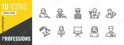 professions outline icon set. 10 linear vector for ui, web and mobile. thin line hr specialist, detective, thief icons.