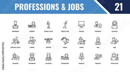 professions & jobs outline icon set. linear vector for ui, web and mobile. thin line librarian, callcenter, fireman icons.