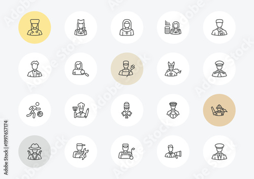 professions outline icon set. linear vector for ui, web and mobile. thin line physician assistant, clerk, basketball player icons.