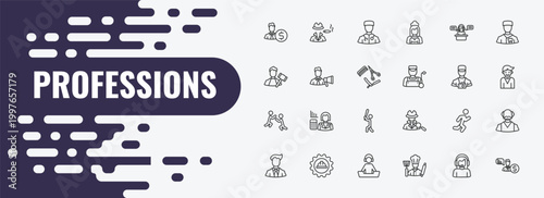 professions outline icon set. linear vector for ui, web and mobile. thin line mafia, surgeon, secretary icons.