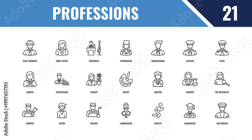 professions outline icon set. linear vector for ui, web and mobile. thin line baby sitter, pilot, doctor icons.