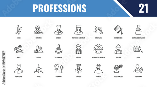 professions outline icon set. linear vector for ui, web and mobile. thin line detective, software developer, mechanical engineer icons.