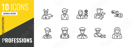 professions outline icon set. 10 linear vector for ui, web and mobile. thin line superhero, actor, florist icons.