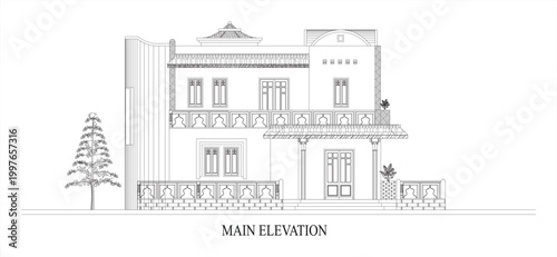 Detailed architectural drawing of a twostory house with balcony and main elevation