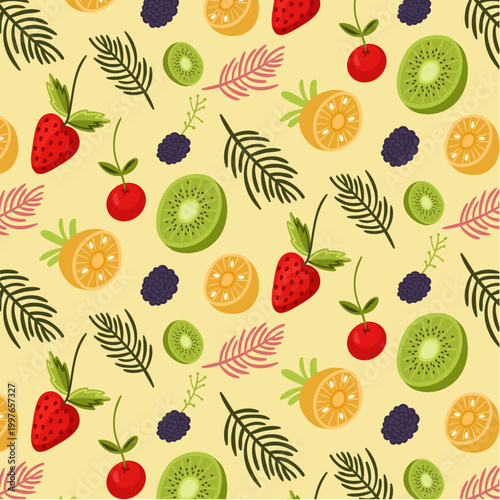 seamless pattern, tropical fruit, fruit pattern, summer pattern, strawberry, kiwi, cherry, pineapple, orange, blackberry, repeat pattern, surface design, textile design, yellow background, cream backg