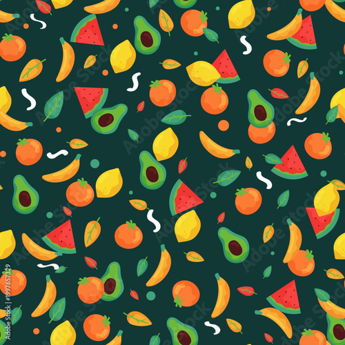 seamless pattern, tropical fruit, fruit pattern, summer pattern, watermelon, banana, avocado, lemon, orange, strawberry, mango, repeat pattern, surface design, textile design, dark green background, c