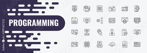 programming outline icon set. linear vector for ui, web and mobile. thin line engineering, binary file, seo reputation icons.