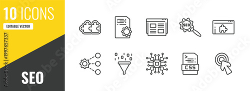 seo outline icon set. 10 linear vector for ui, web and mobile. thin line addon, article, landing page icons.