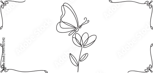 One continuous line drawing of butterfly with flower. Thin curl border and flying wing symbol in simple linear style.one line vector illustration on white background