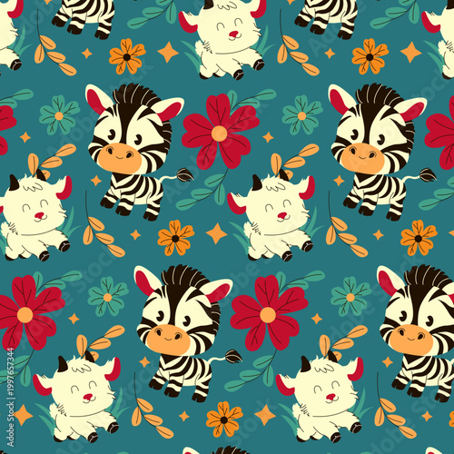 seamless pattern, zebra pattern, cute zebra, cartoon zebra, animal pattern, kids pattern, children pattern, baby pattern, nursery pattern, teal background, floral pattern, red flowers, yellow stars, c