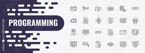 programming outline icon set. linear vector for ui, web and mobile. thin line seo keywords, archive, mysql icons.