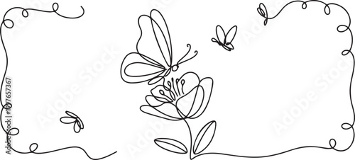 One continuous line drawing of butterfly with flower. Thin curl border and flying wing symbol in simple linear style.one line vector illustration on white background