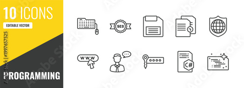 programming outline icon set. 10 linear vector for ui, web and mobile. thin line keyboard and mouse, seo badge, floppy disk icons.