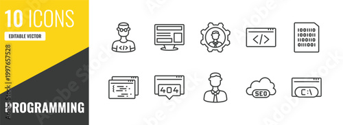 programming outline icon set. 10 linear vector for ui, web and mobile. thin line developer, program interface, seo management icons.
