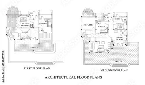 Detailed architectural floor plans for a modern house with two levels