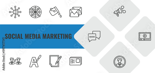 social media marketing outline icon set. linear vector for ui, web and mobile. thin line timeline, net, fill icons.