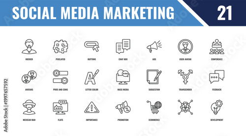 social media marketing outline icon set. linear vector for ui, web and mobile. thin line pixelated, conference, suggestion icons.