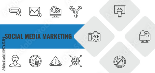 social media marketing outline icon set. linear vector for ui, web and mobile. thin line buttons, message, system icons.