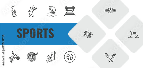 sports outline icon set. linear vector for ui, web and mobile. thin line drift car, dumbbell for training, windsurf icons.