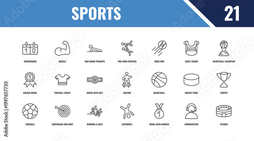 sports outline icon set. linear vector for ui, web and mobile. thin line muscle, basketball champion, basketball icons.