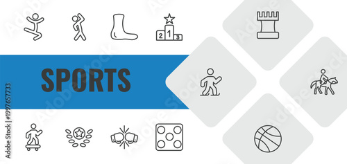 sports outline icon set. linear vector for ui, web and mobile. thin line jumping dancer, aerobics, ankle icons.