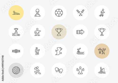 sports outline icon set. linear vector for ui, web and mobile. thin line man doing pushups, podium with cup, boxer with belt icons.