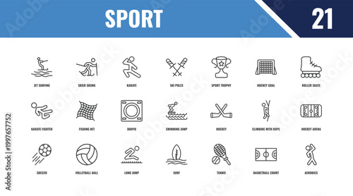 sport outline icon set. linear vector for ui, web and mobile. thin line skier skiing, roller skate, hockey icons.