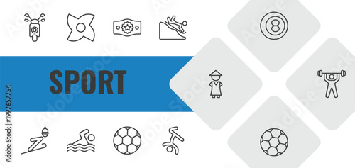 sport outline icon set. linear vector for ui, web and mobile. thin line motor sports, ninja shuriken, champion belt icons.