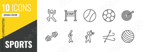sports outline icon set. 10 linear vector for ui, web and mobile. thin line dancing motion, starting line, tennis sport ball icons.