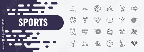 sports outline icon set. linear vector for ui, web and mobile. thin line man doing pushups, basketball, man playing badminton icons.