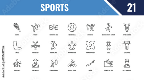 sports outline icon set. linear vector for ui, web and mobile. thin line wushu, motor sports, ninja shuriken icons.