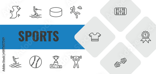 sports outline icon set. linear vector for ui, web and mobile. thin line slalom, wakeboarding, hockey puck icons.