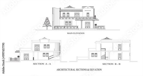 Architectural drawing of a house with main elevation and sections