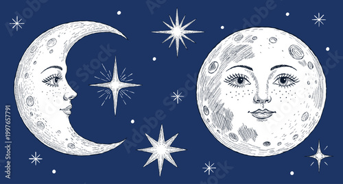 Vintage-style handdrawn illustration of the moon phases featuring a crescent moon profile and a full moon with a human face, surrounded by stars for astrology, spiritual, and decorative designs.