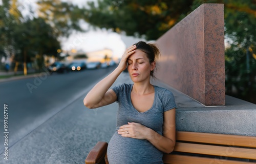 Pregnant woman on a bench, eyes closed, hand on head & belly. Severe headache from the heat